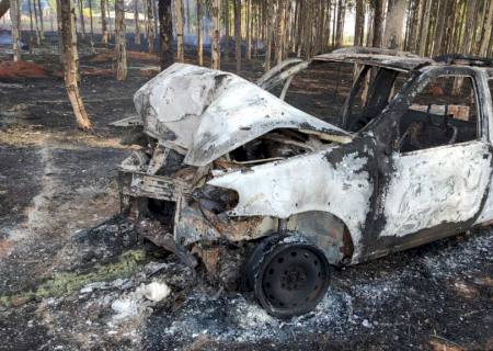 Em Batayporã, picape pega fogo após motorista perder controle e bater em árvores