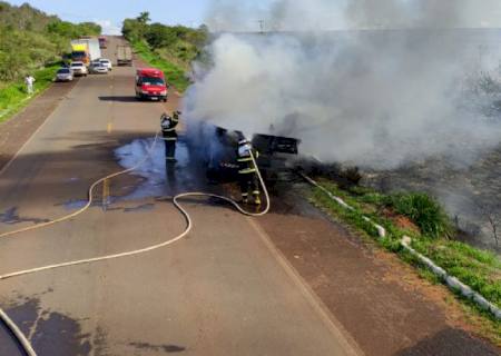 Vídeo: Em Nova Andradina, caminhão pega fogo e causa congestionamento na rodovia MS-134