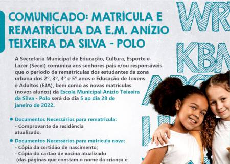 Matrículas e rematrículas da Escola Anízio Teixeira (polo) em Batayporã vão até dia 28 de janeiro