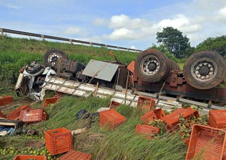 Motorista perde controle, tomba caminhão com frutas na MS-306 e morre