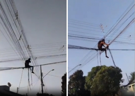 Ladrão é flagrado sentado em fiação para furtar fios na Capital