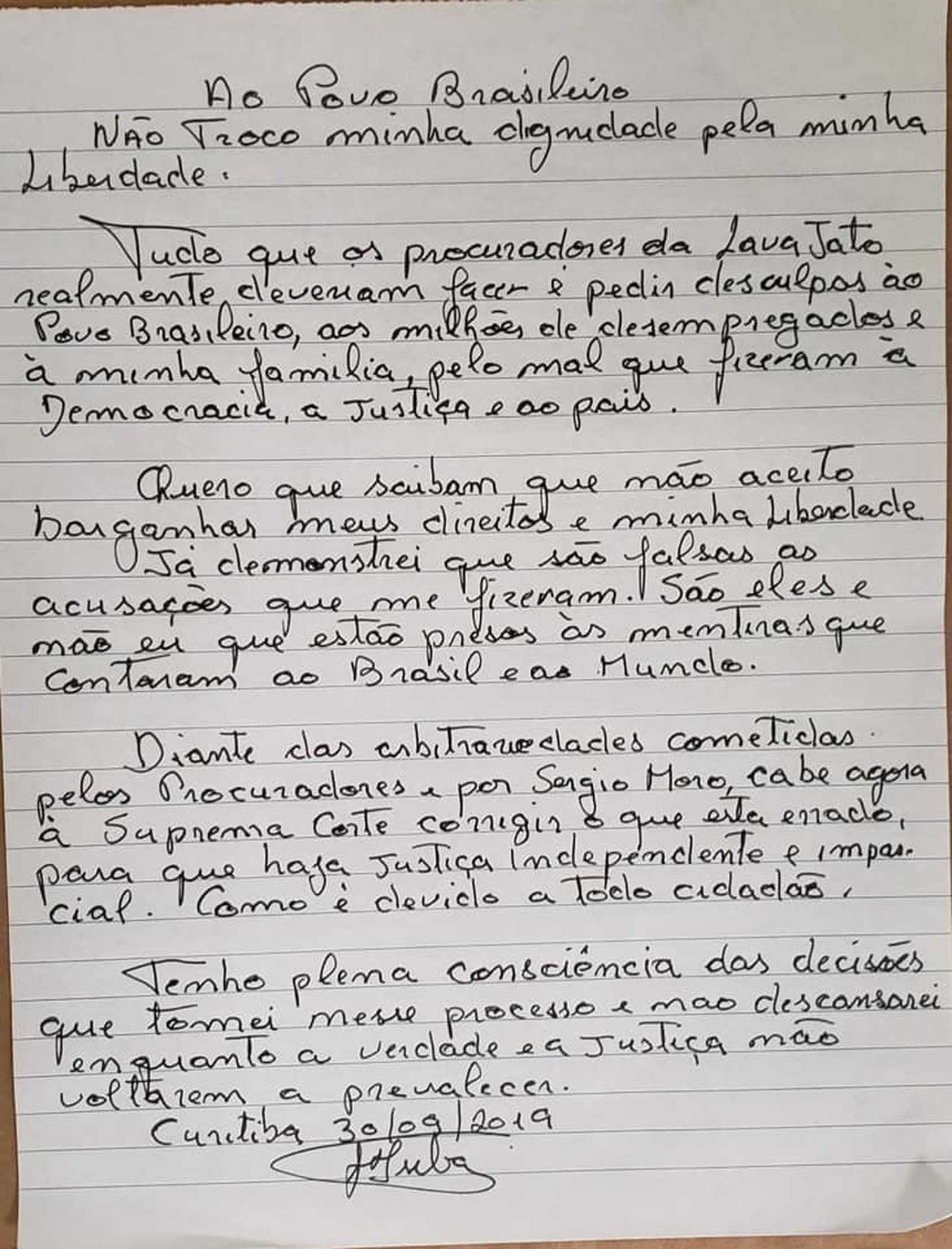 Carta de Lula sobre o pedido do MPF para que ele progrida de regime -Foto: Reprodução/Facebook