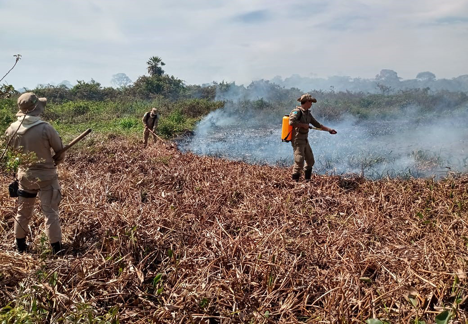 Bombeiros combatem os focos que ressurgiram na regi&atilde;o do Jatobazinho, ao Norte de Corumb&aacute; - Foto: Divulga&ccedil;&atilde;o