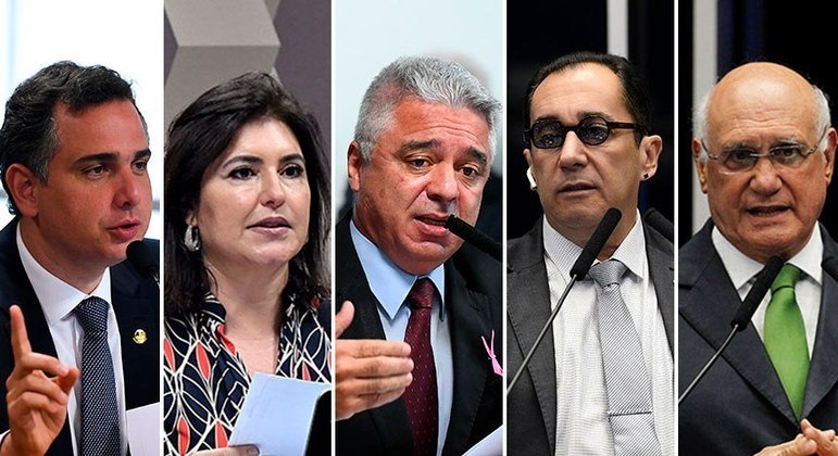 Os candidatos: Rodrigo Pacheco, Simone Tebet, Major Olimpio, Jorge Kajuru e Lasier Martins – Foto: Agência Senado