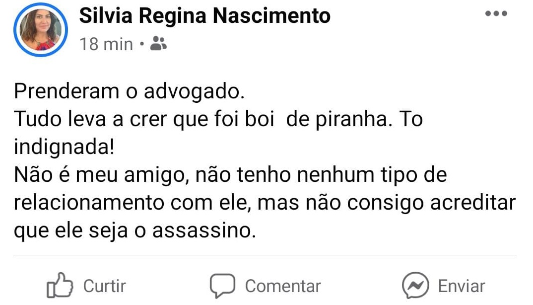 Esposa do presidente da OAB de Nova Andradina fez postagem no Facebook tratando o advogado como boi de piranha - Foto: Reprodução/Facebook