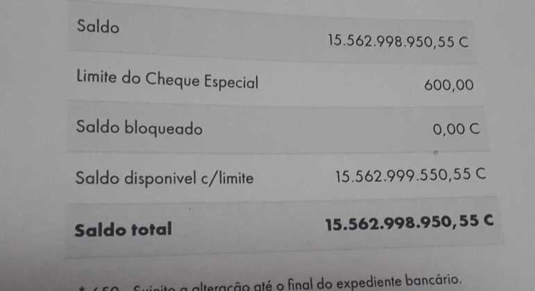 Extrato da conta bancária de Jairo com o depósito de R$ 15,5 bilhões do banco - Foto: Arquivo Pessoal