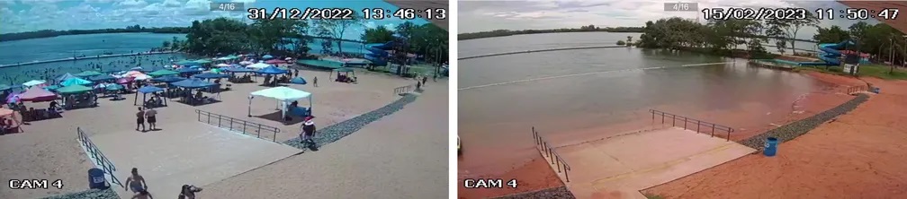 Imagens feitas por câmeras de monitoramento no Balneário Municipal de Rosana (SP) mostram o nível da água no Rio Paraná nos dias 31 de dezembro de 2022 (à esquerda) e 15 de fevereiro de 2023 (à direito) - Foto: Prefeitura de Rosana